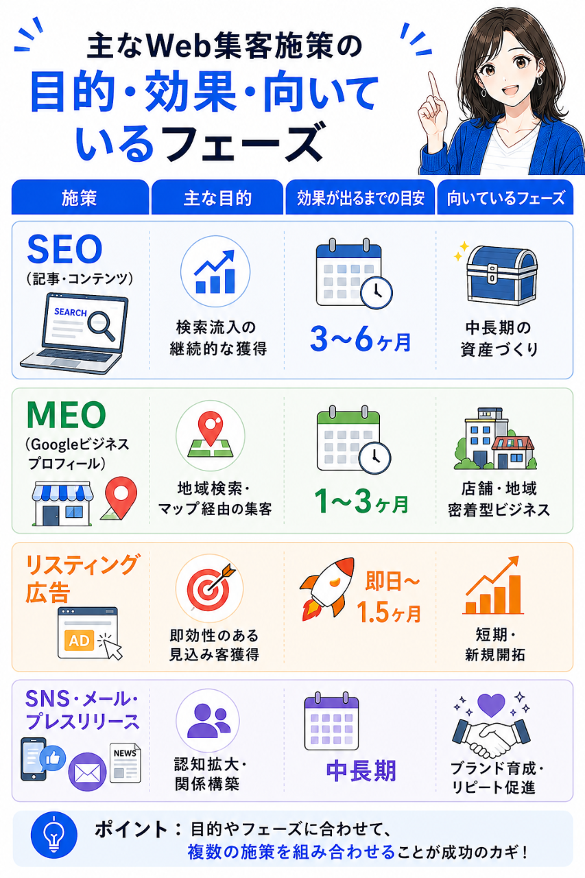 主なWeb集客施策の目的・効果・向いているフェーズ