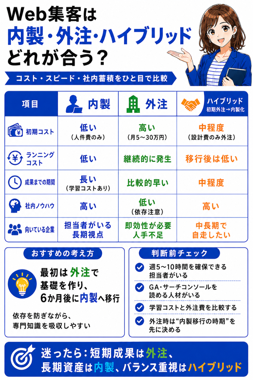Web集客は 内製・外注・ハイブリッド どれが合う? コスト・スピード・社内蓄積をひと目で比較