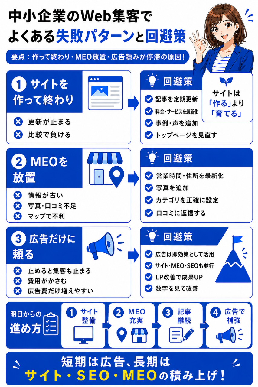 中小企業のWeb集客でよくある失敗パターンと回避策 要点:作って終わり・MEO放置・広告頼みが停滞の原因!