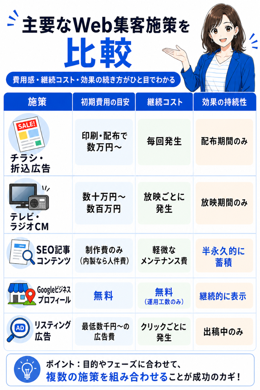 主要なWeb集客施策を比較