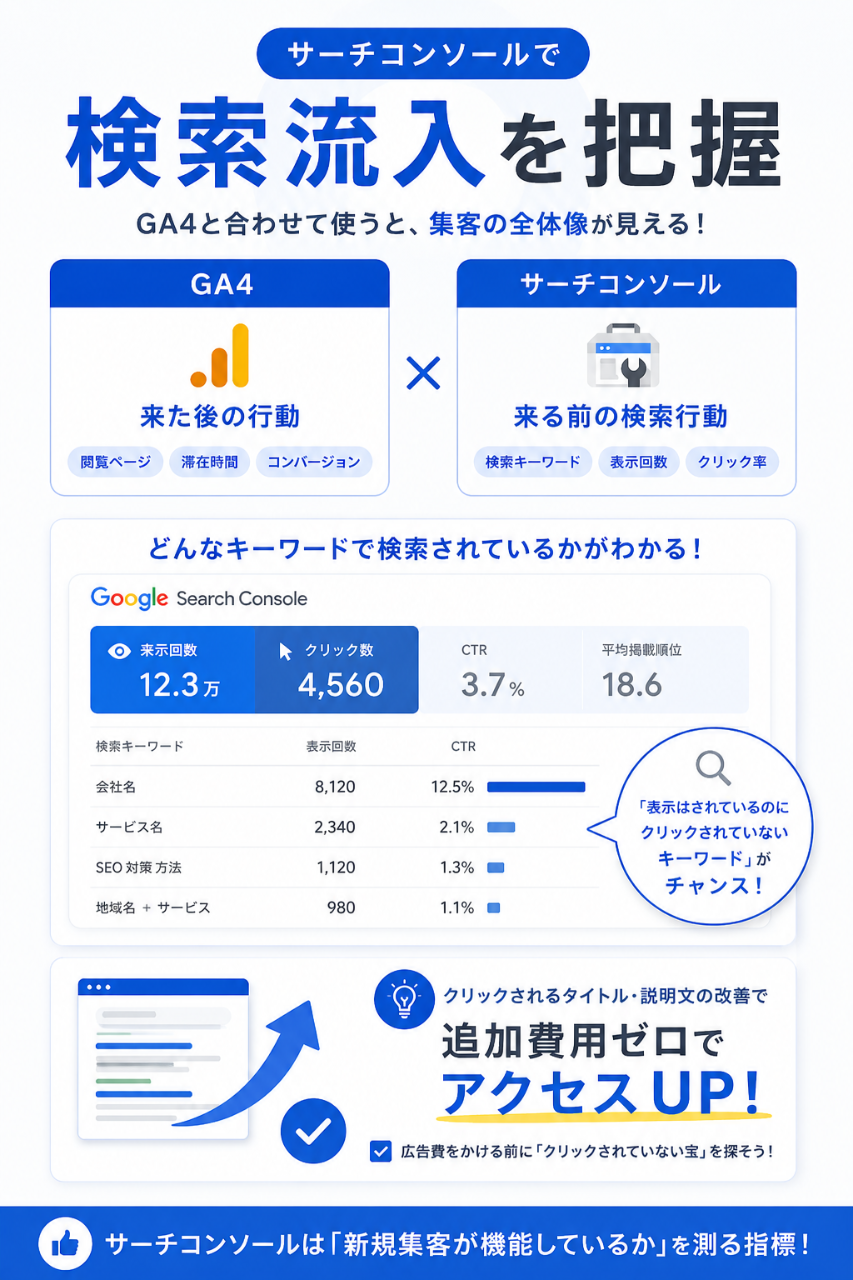 サーチコンソールで 検索流入を把握 GA4と合わせて使うと、集客の全体像が見える!