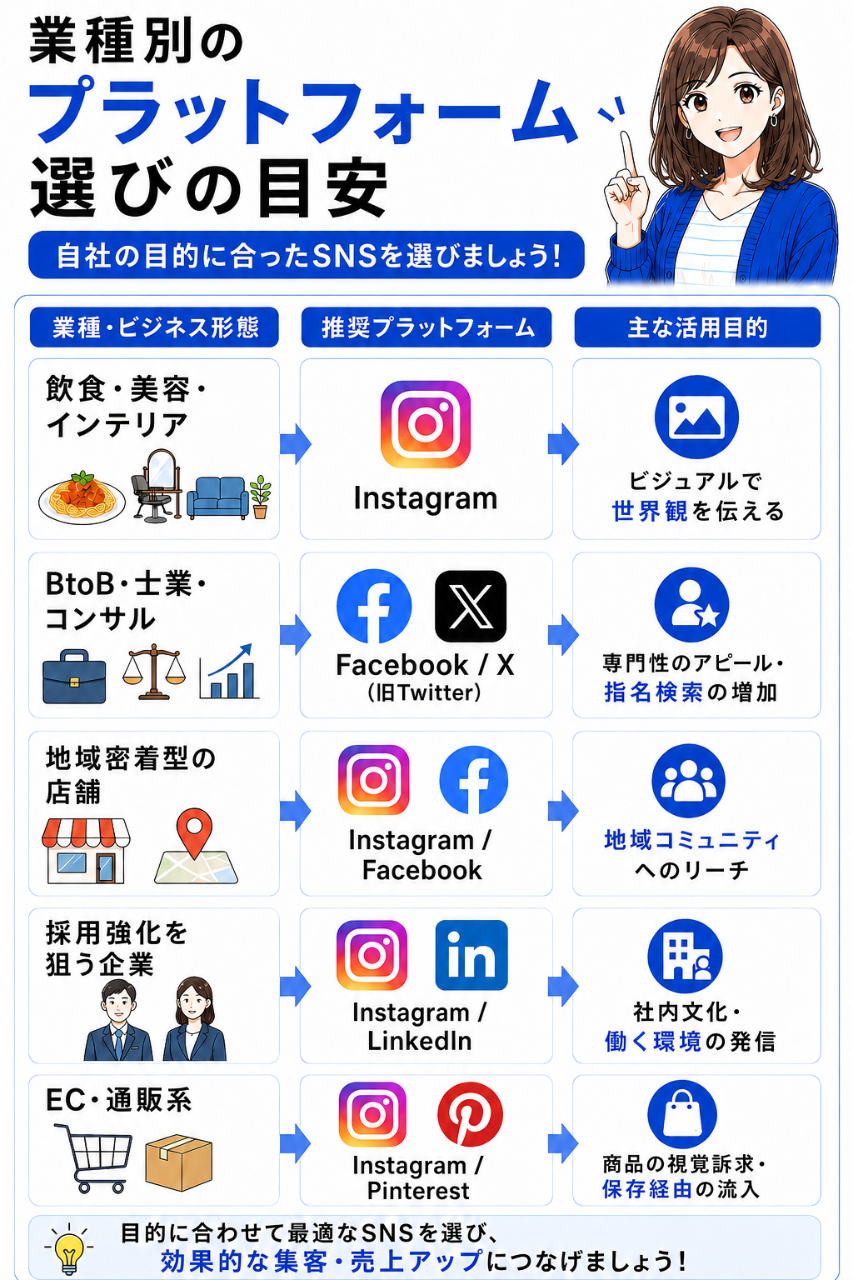業種別のプラットフォーム 選びの目安 自社の目的に合ったSNSを選びましょう!