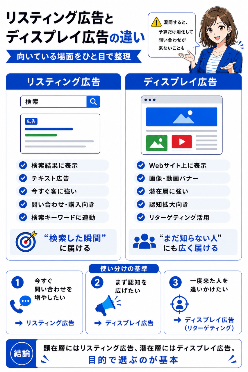 リスティング広告と ディスプレイ広告の違い 向いている場面をひと目で整理
